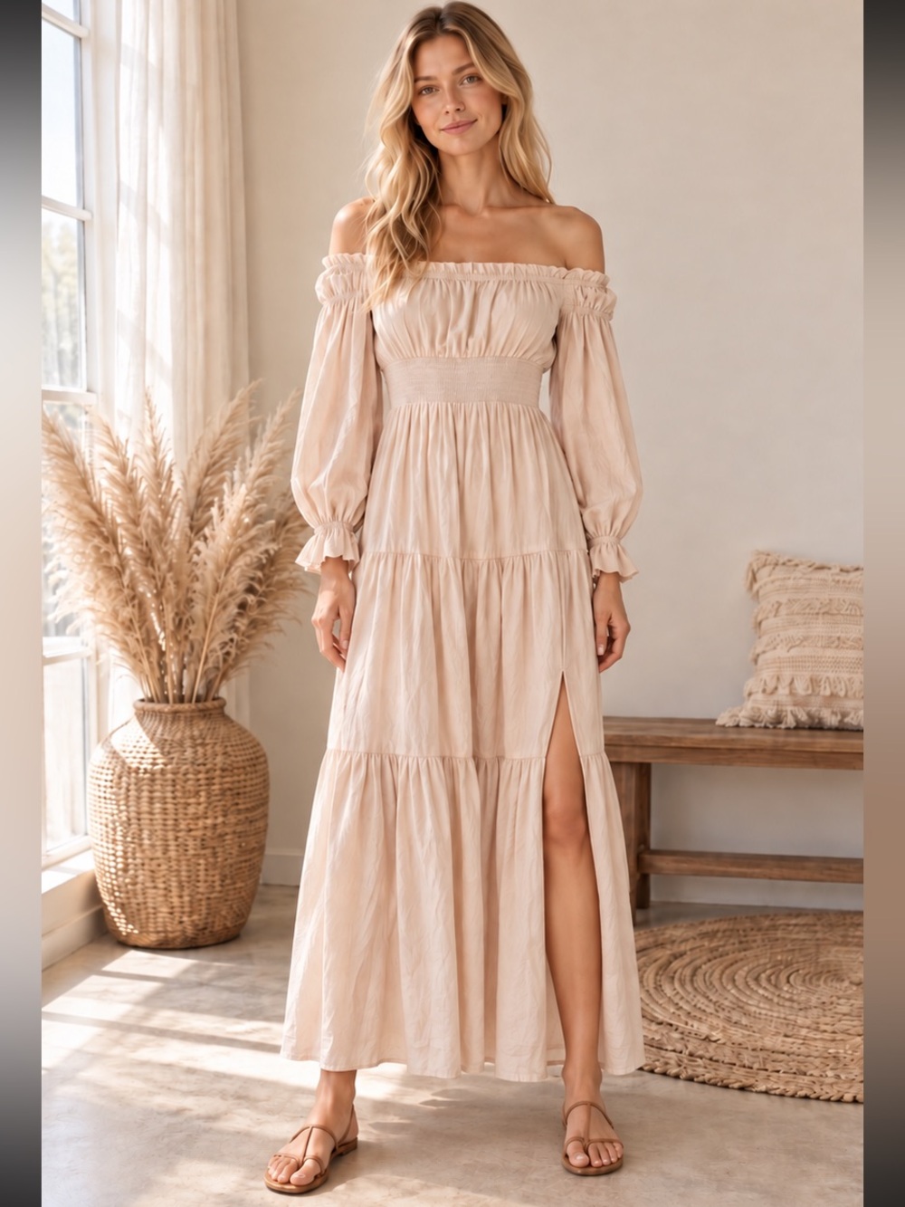 Mable Boho Minimalist Smocked Off-Shoulder Maxi Dress in Cream with Side Slit